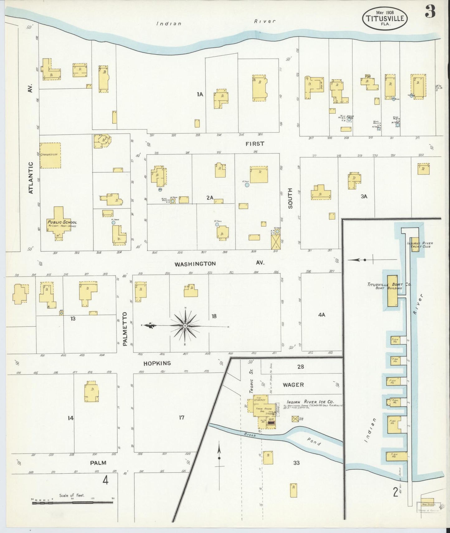 Sanborn Fire Insurance Map from Titusville, Brevard County, Florida (1908), Sheet #0003 - Complete Map Set gallery image, historic Sanborn map, vintage wall art, Florida Florida