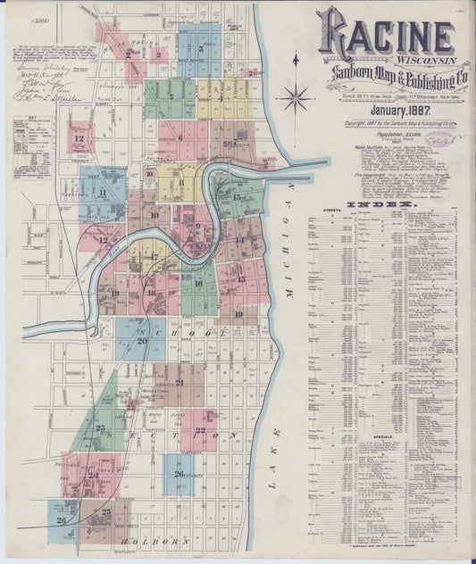 Sanborn Fire Insurance Map from Racine, Racine County, Wisconsin (1887), Sheet #0001 - Complete Map Set gallery image, historic Sanborn map, vintage wall art, Wisconsin Wisconsin
