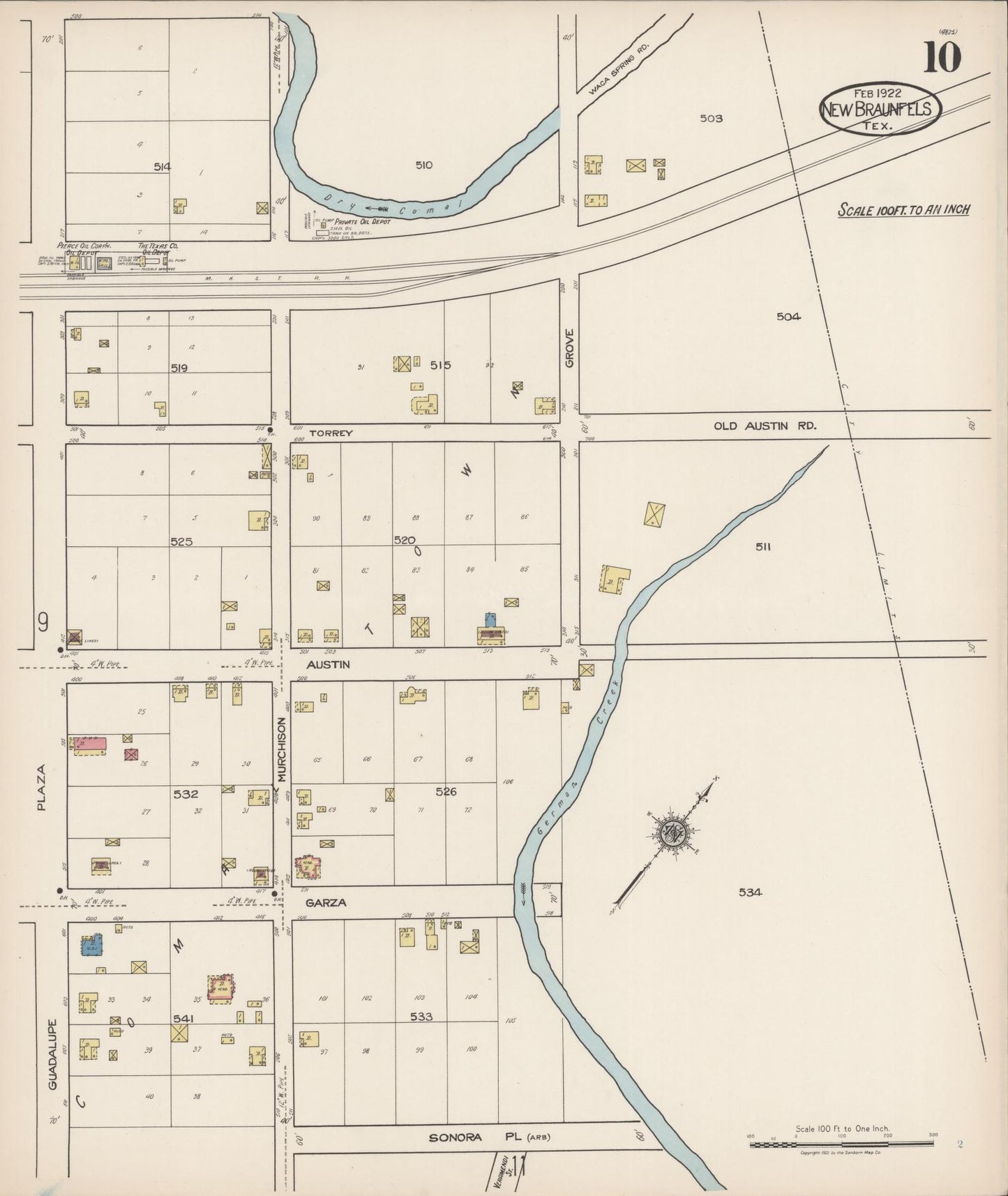 Sanborn Fire Insurance Map from New Braunfels, Comal County, Texas (1922), Sheet #0010 - Historic Sanborn Fire Insurance Map Print, vintage old map wall art, antique decor, genealogy gift, Texas Texas map