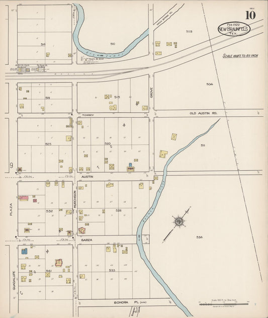 Sanborn Fire Insurance Map from New Braunfels, Comal County, Texas (1922), Sheet #0010 - Historic Sanborn Fire Insurance Map Print, vintage old map wall art, antique decor, genealogy gift, Texas Texas map
