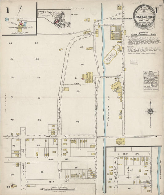 Sanborn Fire Insurance Map from Chesapeake Beach, Calvert County, Maryland (1923), Sheet #0001 - Historic Sanborn Fire Insurance Map Print, vintage old map wall art, antique decor, genealogy gift, Maryland Maryland map