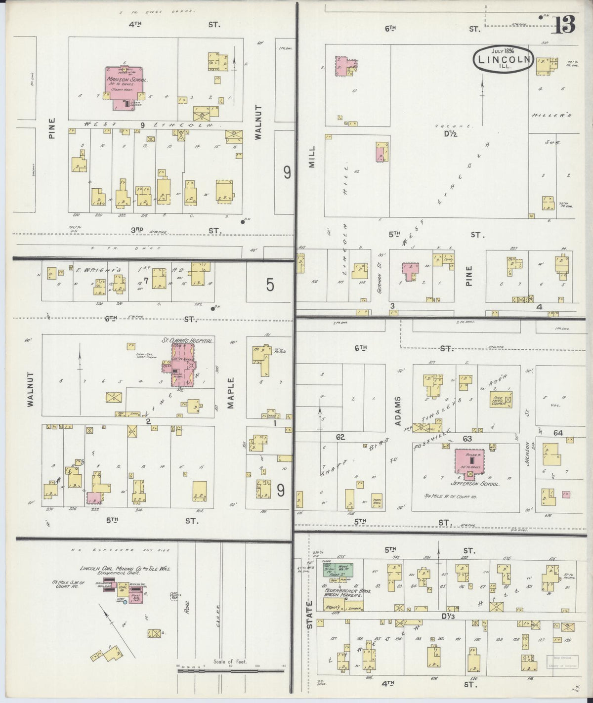 Sanborn Fire Insurance Map from Lincoln, Logan County, Illinois (1896), Sheet #0013 - Historic Sanborn Fire Insurance Map Print, vintage old map wall art, antique decor, genealogy gift, Illinois Illinois map