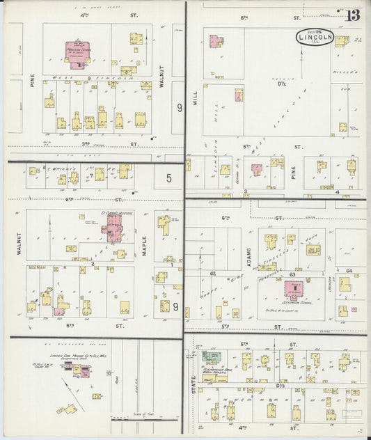 Sanborn Fire Insurance Map from Lincoln, Logan County, Illinois (1896), Sheet #0013 - Historic Sanborn Fire Insurance Map Print, vintage old map wall art, antique decor, genealogy gift, Illinois Illinois map