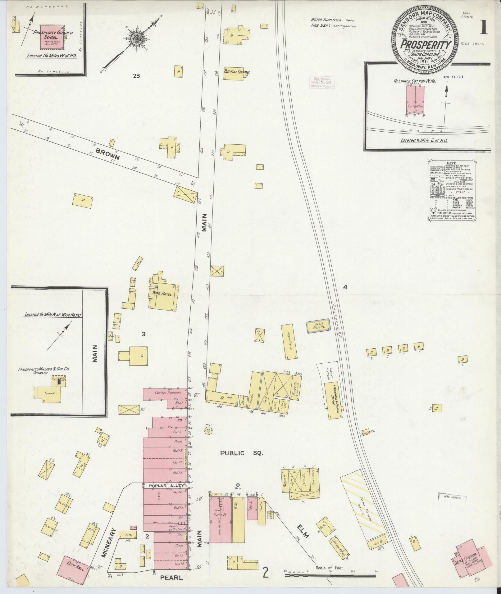 Sanborn Fire Insurance Map from Prosperity, Newberry County, South Carolina (1911), Sheet #0001 - Complete Map Set gallery image, historic Sanborn map, vintage wall art, South Carolina South Carolina