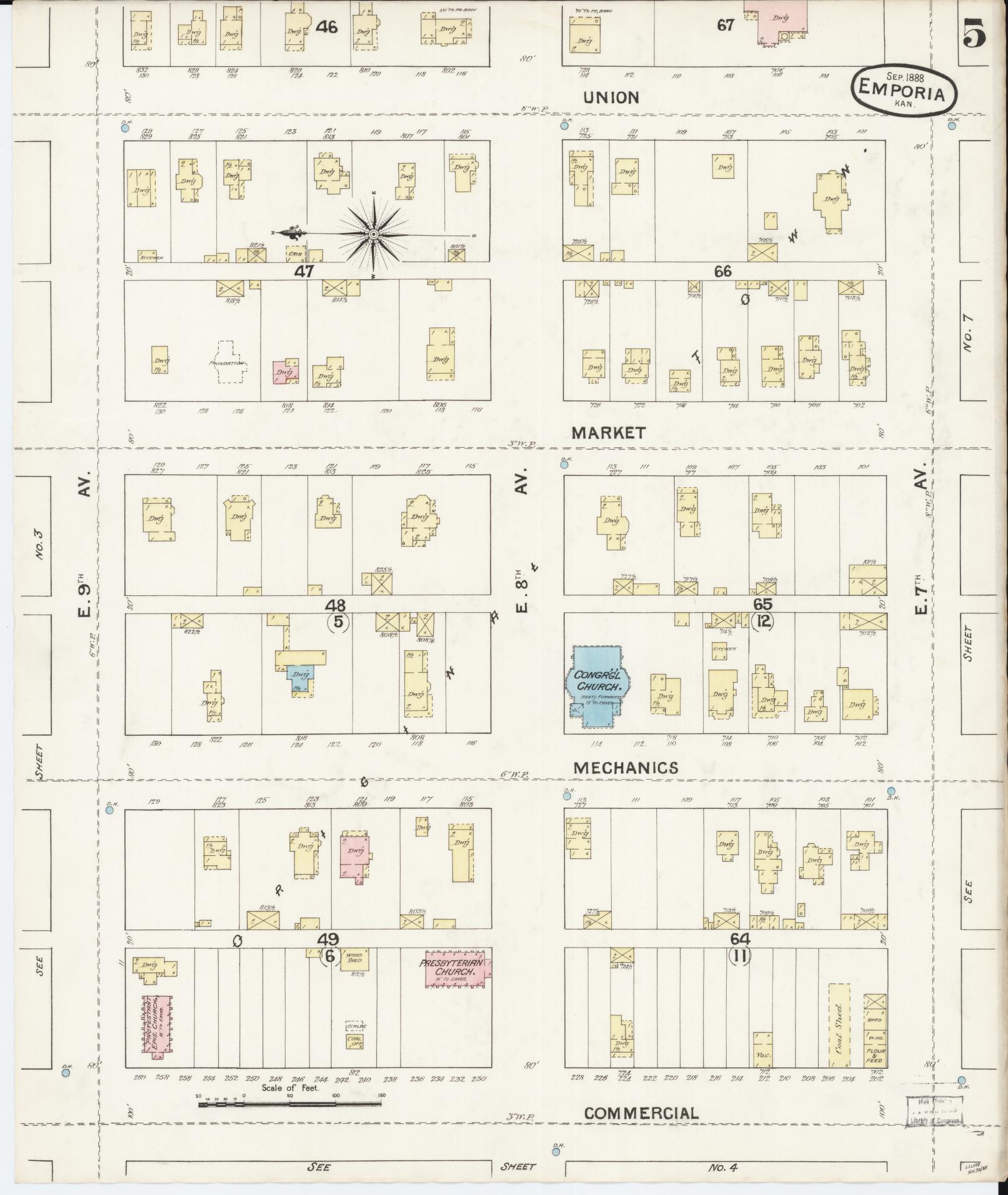 Sanborn Fire Insurance Map from Emporia, Lyon County, Kansas (1888), Sheet #0005 - Historic Sanborn Fire Insurance Map Print, vintage old map wall art, antique decor, genealogy gift, Kansas Kansas map