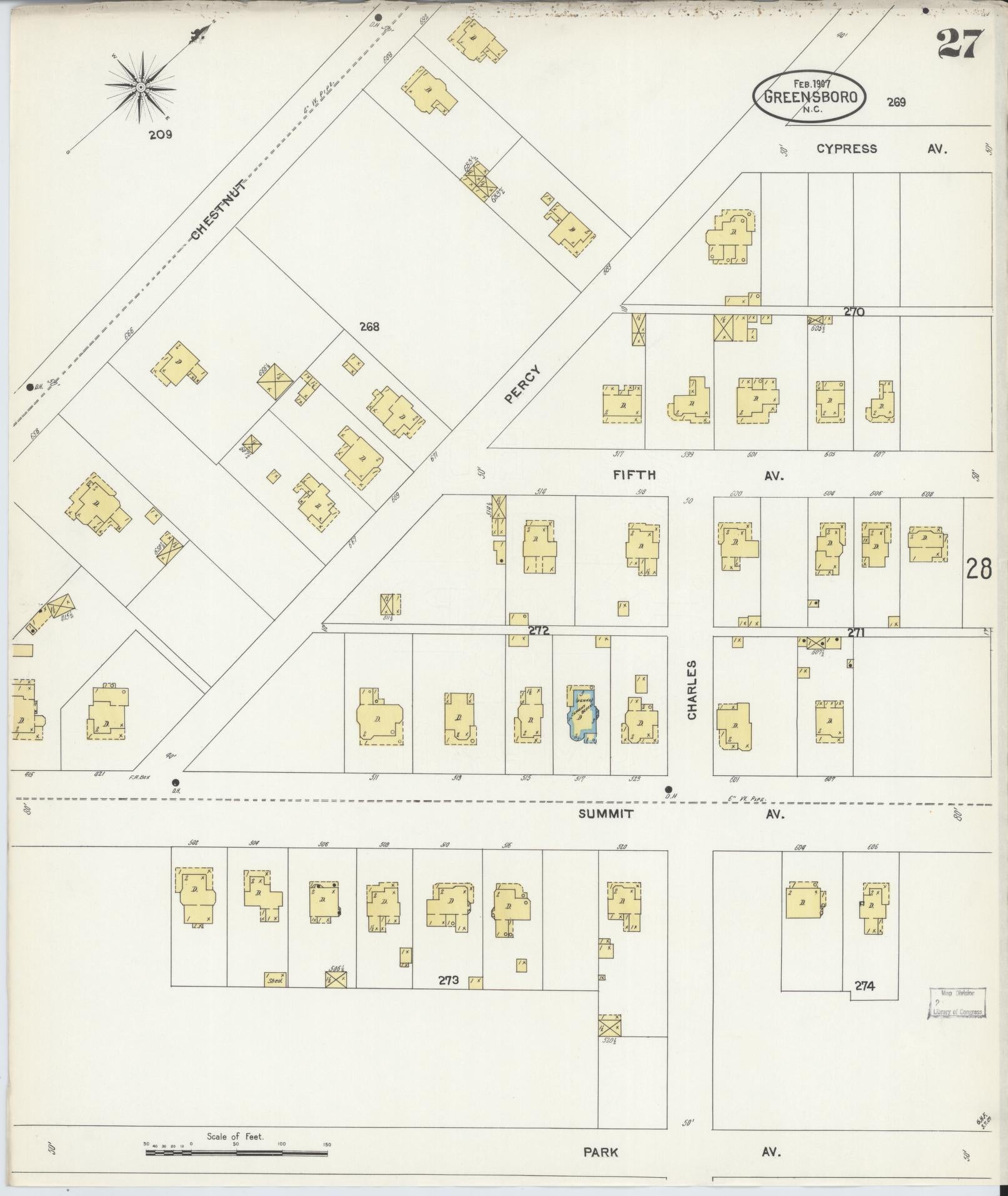 Sanborn Fire Insurance Map from Greensboro, Guilford County, North Carolina (1907), Sheet #0027 - Complete Map Set gallery image, historic Sanborn map, vintage wall art, North Carolina North Carolina