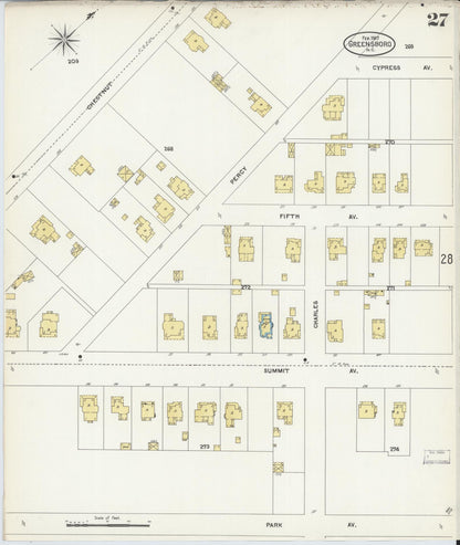 Sanborn Fire Insurance Map from Greensboro, Guilford County, North Carolina (1907), Sheet #0027 - Complete Map Set gallery image, historic Sanborn map, vintage wall art, North Carolina North Carolina