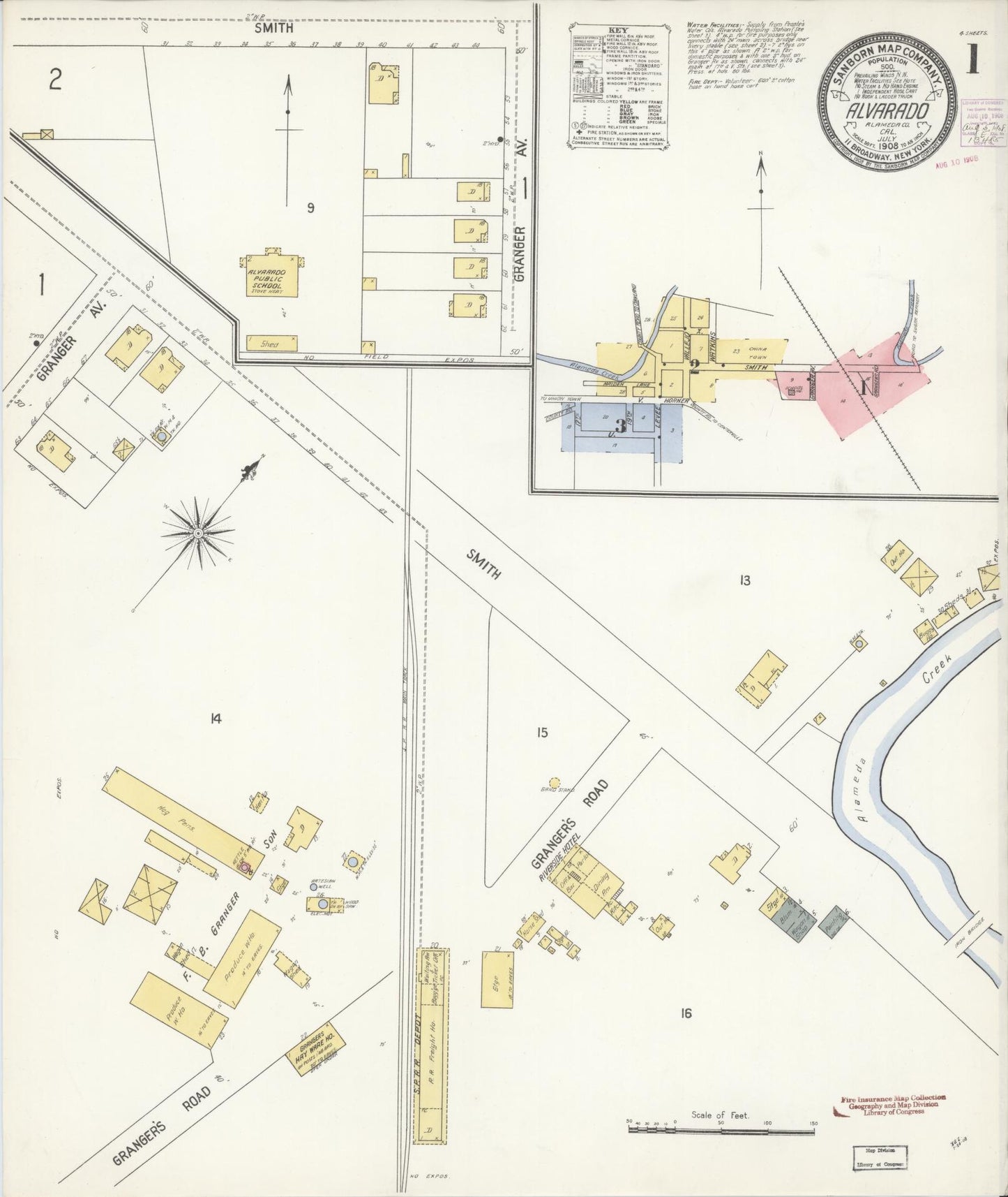 Sanborn Fire Insurance Map from Alvarado, Alameda County, California (1908), Sheet #0001 - Historic Sanborn Fire Insurance Map Print, vintage old map wall art, antique decor, genealogy gift, California California map