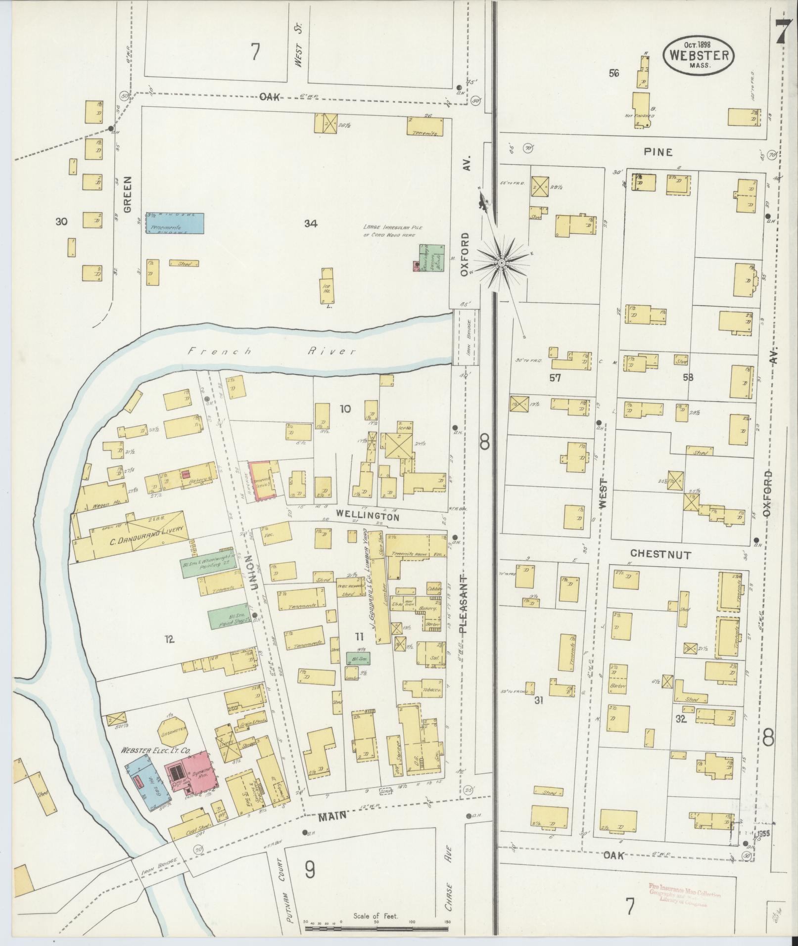 Sanborn Fire Insurance Map from Webster, Worcester County, Massachusetts (1898), Sheet #0007 - Historic Sanborn Fire Insurance Map Print, vintage old map wall art, antique decor, genealogy gift, Massachusetts Massachusetts map
