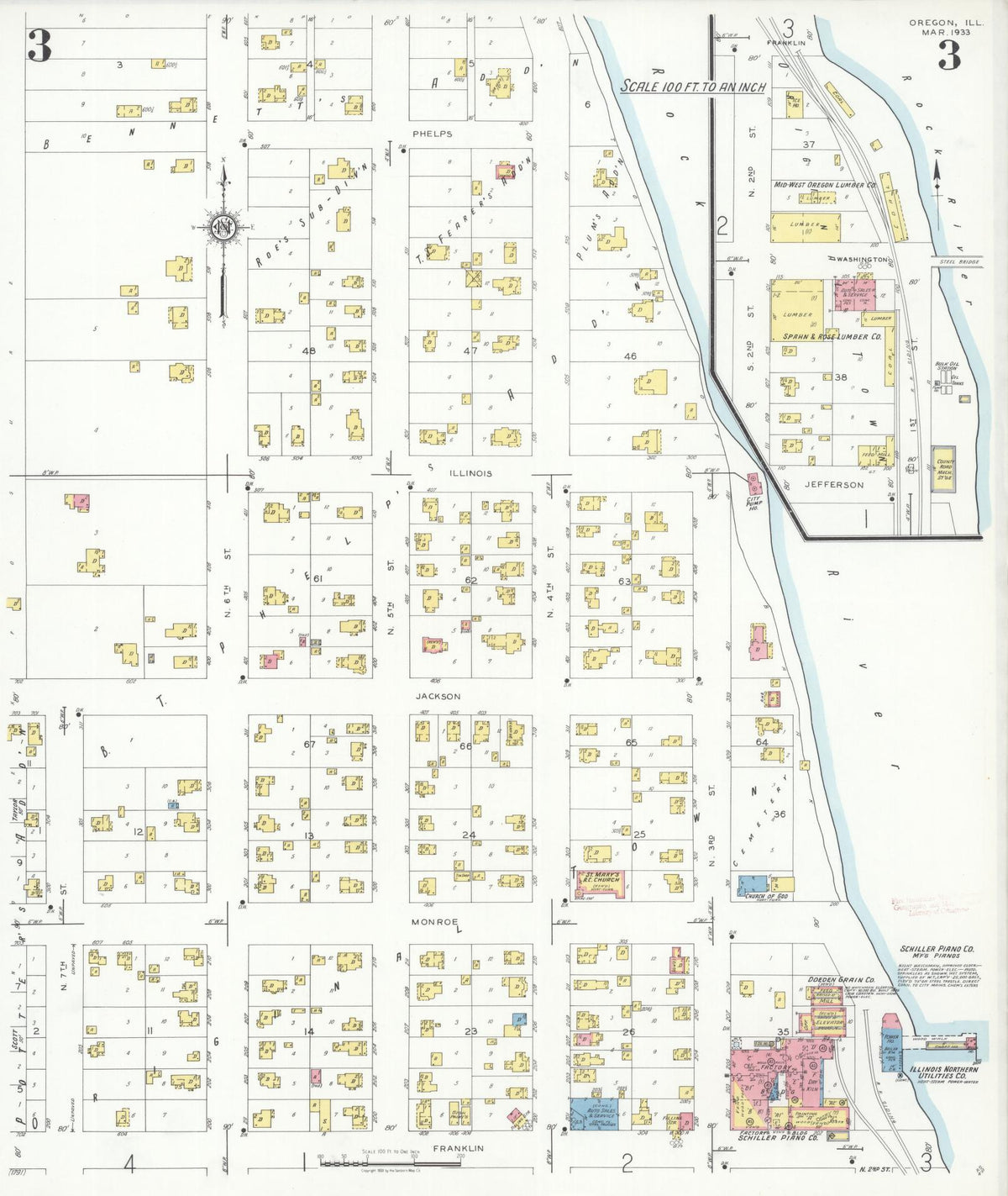 Sanborn Fire Insurance Map from Oregon, Ogle County, Illinois (1933), Sheet #0003 - Historic Sanborn Fire Insurance Map Print, vintage old map wall art, antique decor, genealogy gift, Illinois Illinois map