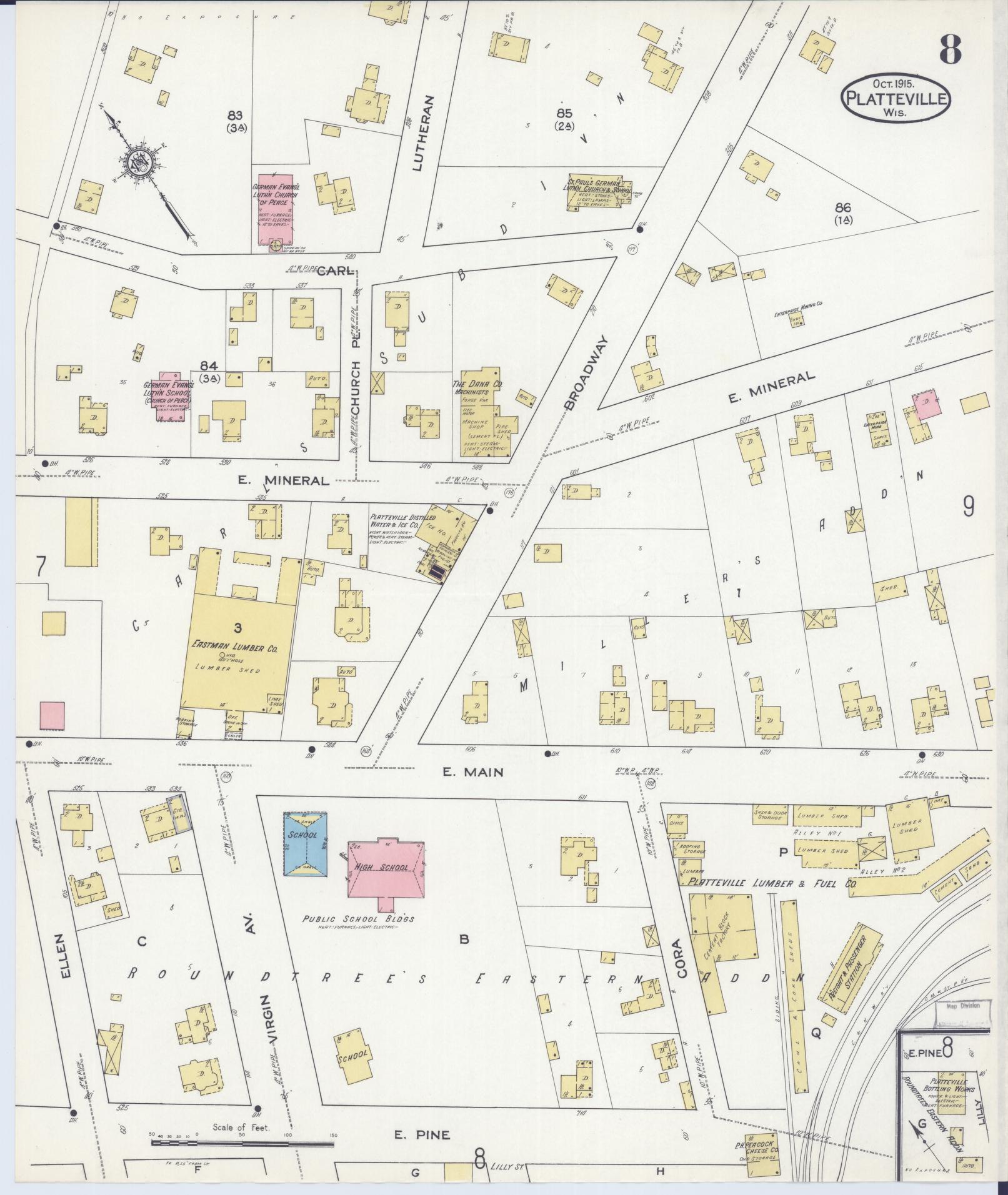 Sanborn Fire Insurance Map from Platteville, Grant County, Wisconsin (1915), Sheet #0008 - Complete Map Set gallery image, historic Sanborn map, vintage wall art, Wisconsin Wisconsin