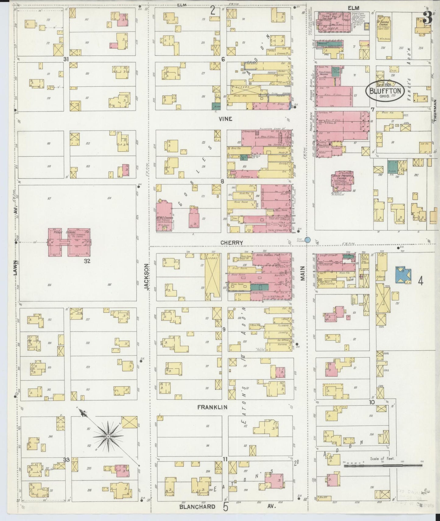 Sanborn Fire Insurance Map from Bluffton, Allen County, Ohio (1901), Sheet #0003 - Complete Map Set gallery image, historic Sanborn map, vintage wall art, Ohio Ohio