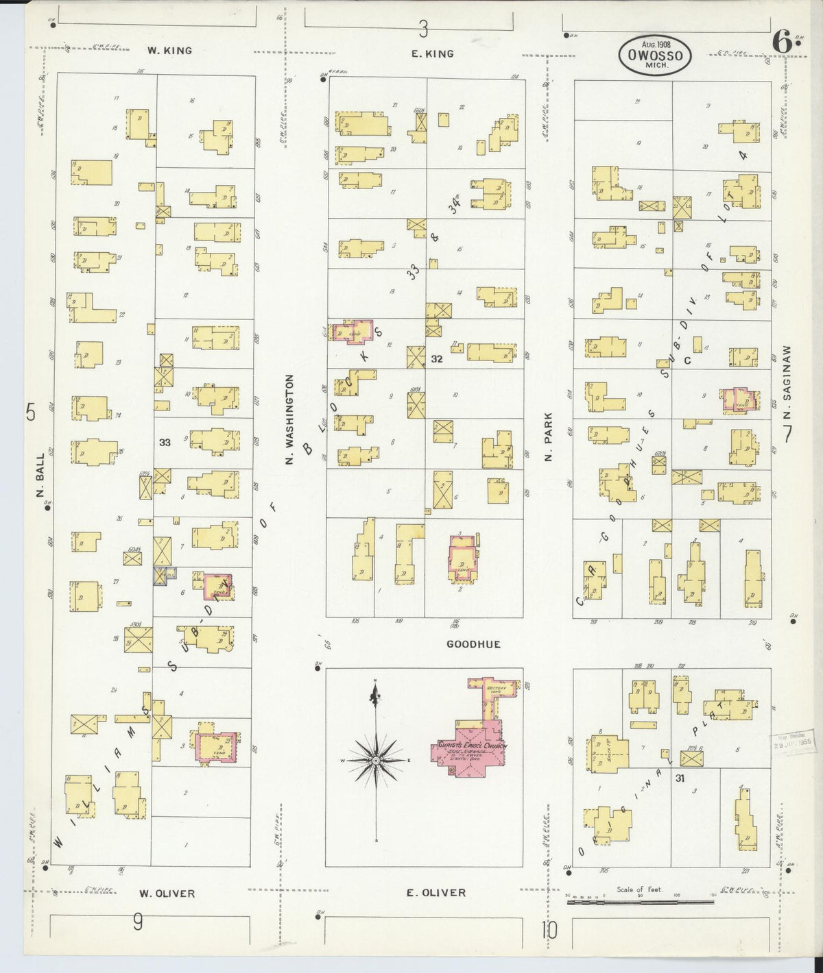 Sanborn Fire Insurance Map from Owosso, Shiawassee County, Michigan (1908), Sheet #0006 - Historic Sanborn Fire Insurance Map Print, vintage old map wall art, antique decor, genealogy gift, Michigan Michigan map