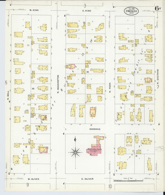 Sanborn Fire Insurance Map from Owosso, Shiawassee County, Michigan (1908), Sheet #0006 - Historic Sanborn Fire Insurance Map Print, vintage old map wall art, antique decor, genealogy gift, Michigan Michigan map