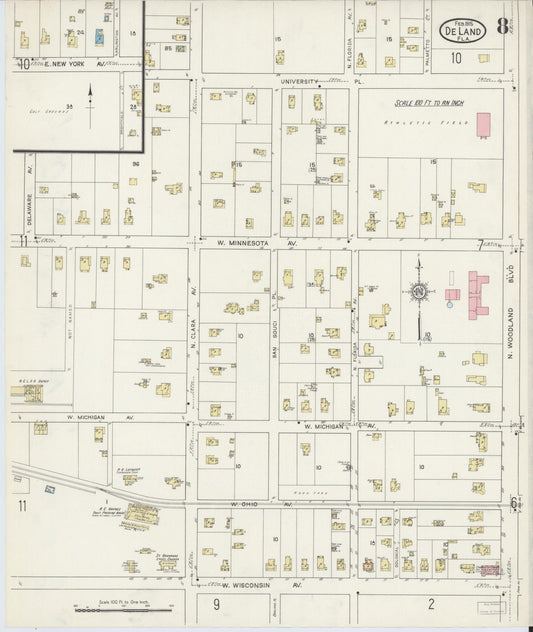 Sanborn Fire Insurance Map from De Land, Volusia County, Florida (1915), Sheet #0008 - Historic Sanborn Fire Insurance Map Print, vintage old map wall art, antique decor, genealogy gift, Florida Florida map