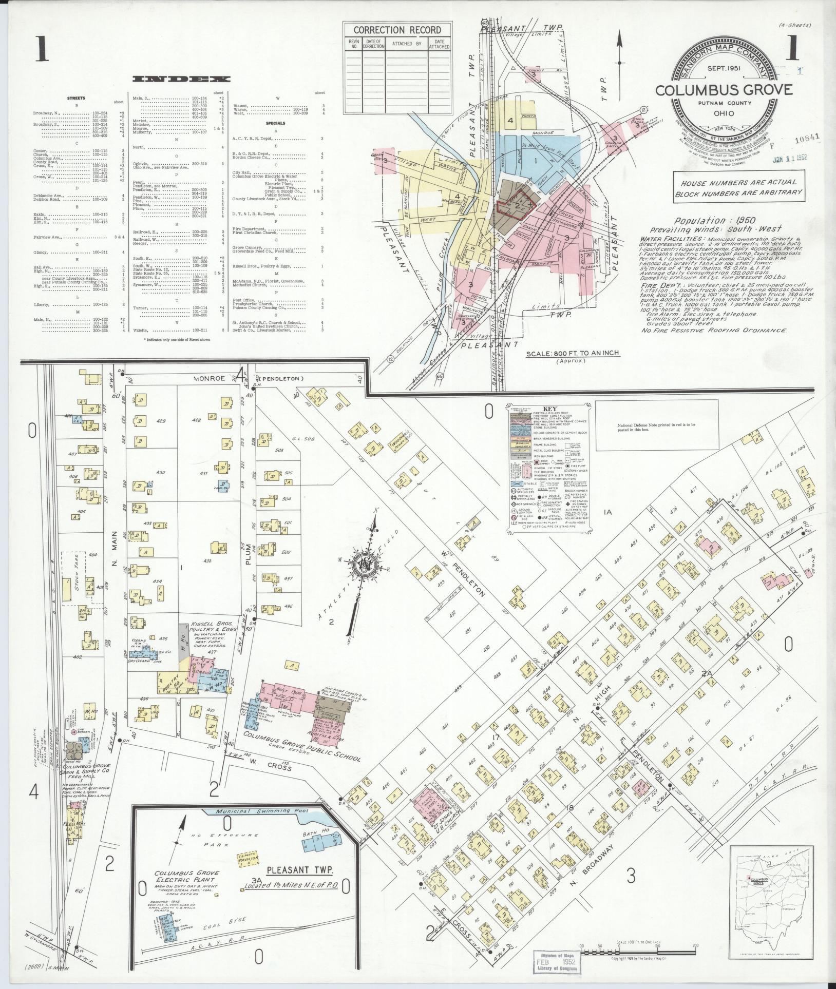 Sanborn Fire Insurance Map from Columbus Grove, Putnam County, Ohio (1951), Sheet #0001 - Historic Sanborn Fire Insurance Map Print, vintage old map wall art, antique decor, genealogy gift, Ohio Ohio map