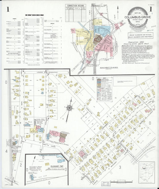 Sanborn Fire Insurance Map from Columbus Grove, Putnam County, Ohio (1951), Sheet #0001 - Historic Sanborn Fire Insurance Map Print, vintage old map wall art, antique decor, genealogy gift, Ohio Ohio map