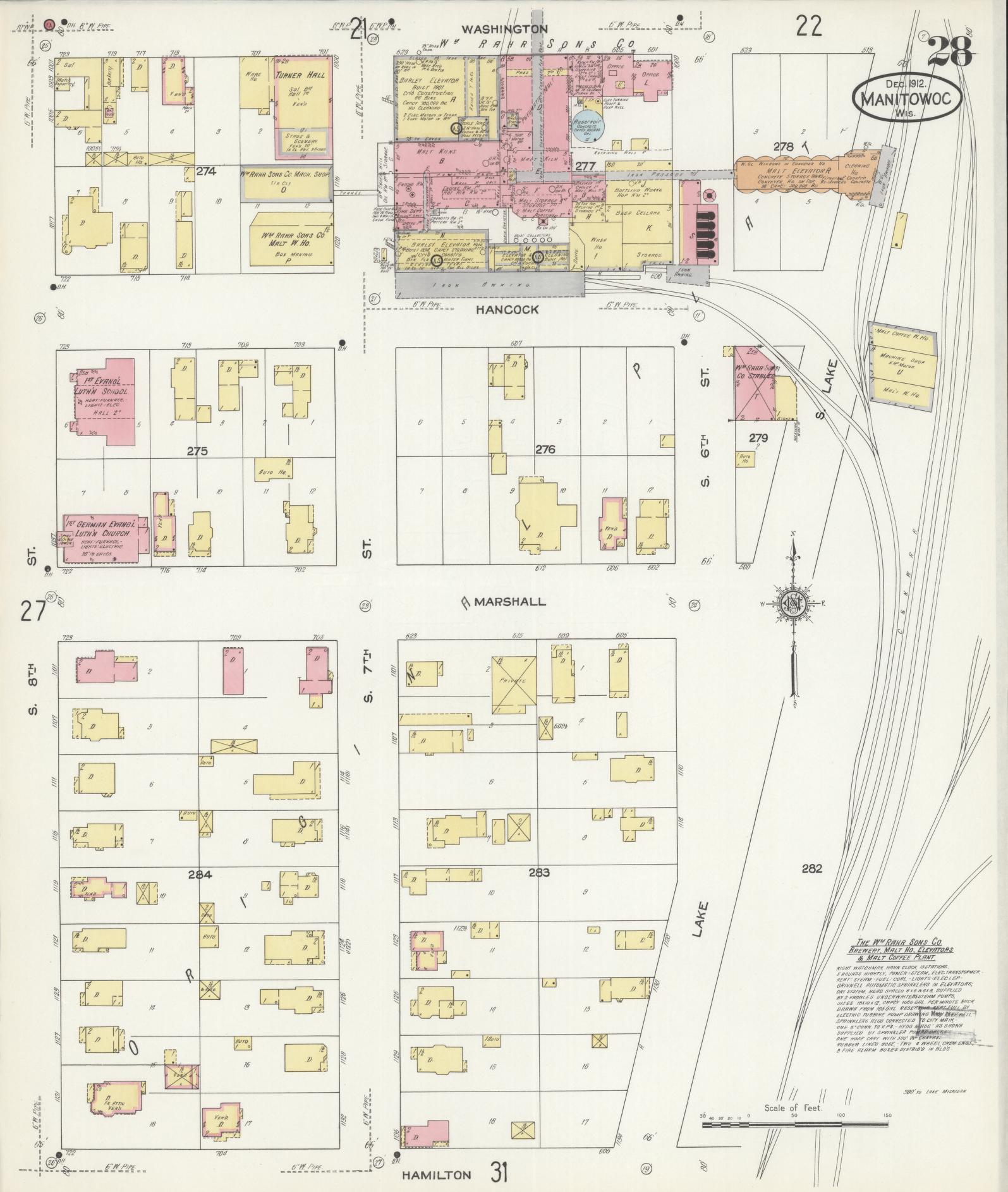 Sanborn Fire Insurance Map from Manitowoc, Manitowoc County, Wisconsin (1912), Sheet #0028 - Historic Sanborn Fire Insurance Map Print, vintage old map wall art, antique decor, genealogy gift, Wisconsin Wisconsin map