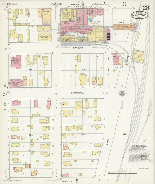 Sanborn Fire Insurance Map from Manitowoc, Manitowoc County, Wisconsin (1912), Sheet #0028 - Historic Sanborn Fire Insurance Map Print, vintage old map wall art, antique decor, genealogy gift, Wisconsin Wisconsin map