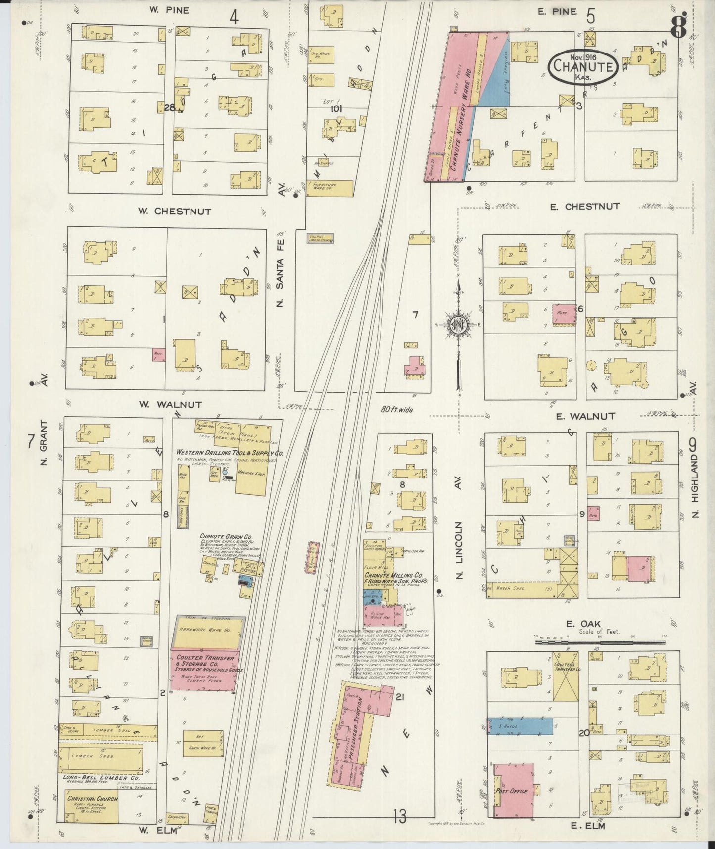 Sanborn Fire Insurance Map from Chanute, Neosho County, Kansas (1916), Sheet #0008 - Historic Sanborn Fire Insurance Map Print, vintage old map wall art, antique decor, genealogy gift, Kansas Kansas map