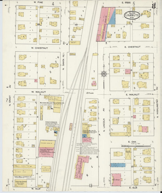 Sanborn Fire Insurance Map from Chanute, Neosho County, Kansas (1916), Sheet #0008 - Historic Sanborn Fire Insurance Map Print, vintage old map wall art, antique decor, genealogy gift, Kansas Kansas map