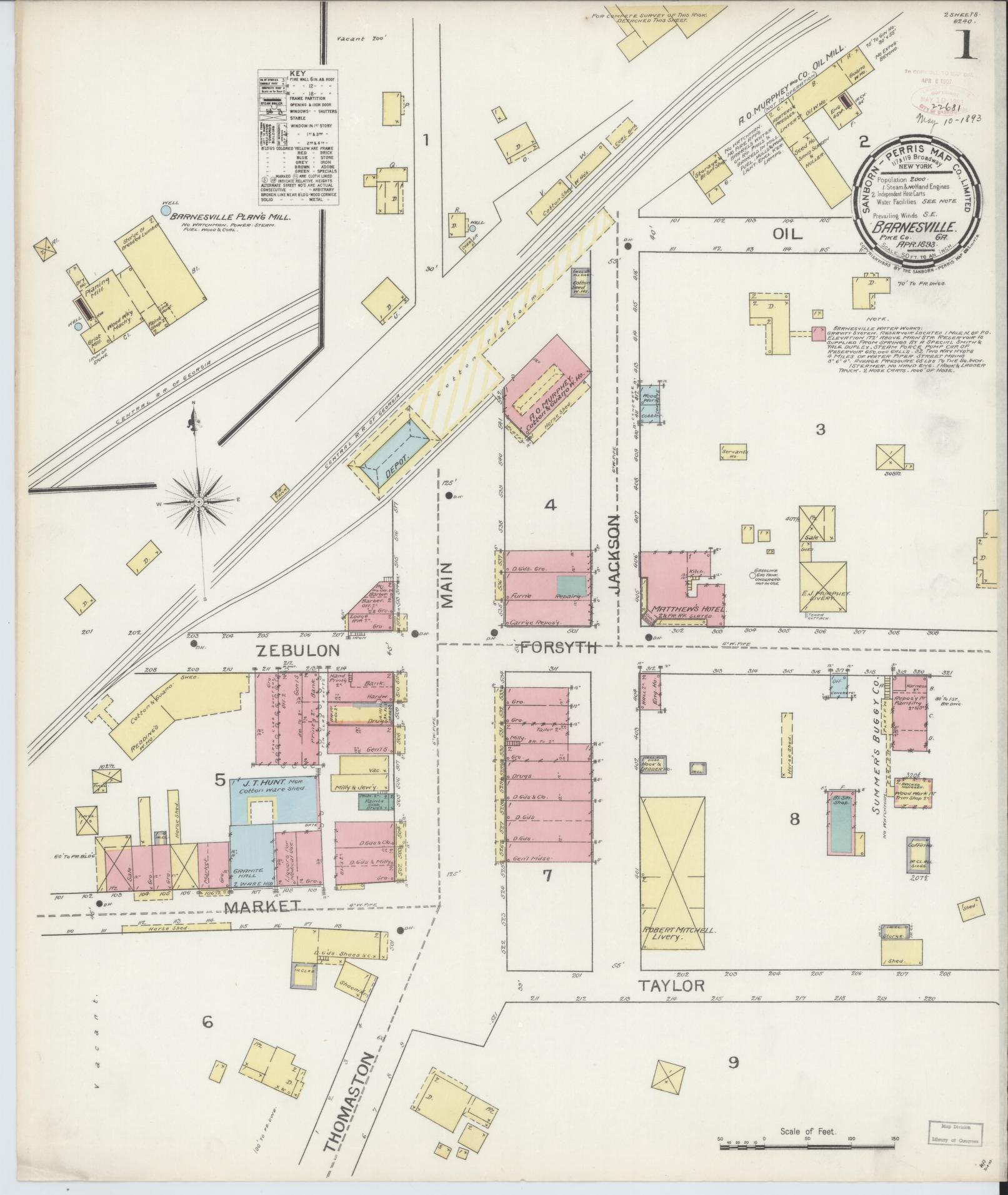 Sanborn Fire Insurance Map from Barnesville, Lamar County, Georgia (1893), Sheet #0001 - Historic Sanborn Fire Insurance Map Print, vintage old map wall art, antique decor, genealogy gift, Georgia Georgia map