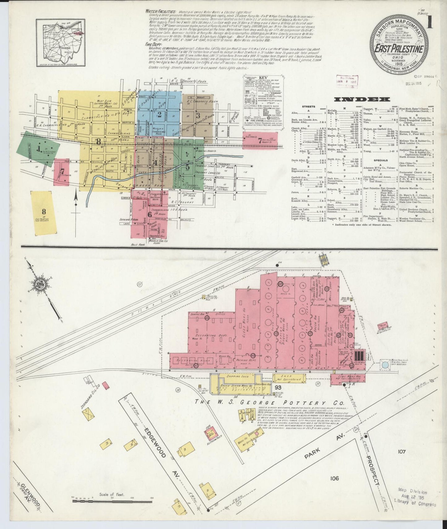 Sanborn Fire Insurance Map from East Palestine, Columbiana County, Ohio (1915), Sheet #0001 - Historic Sanborn Fire Insurance Map Print, vintage old map wall art, antique decor, genealogy gift, Ohio Ohio map