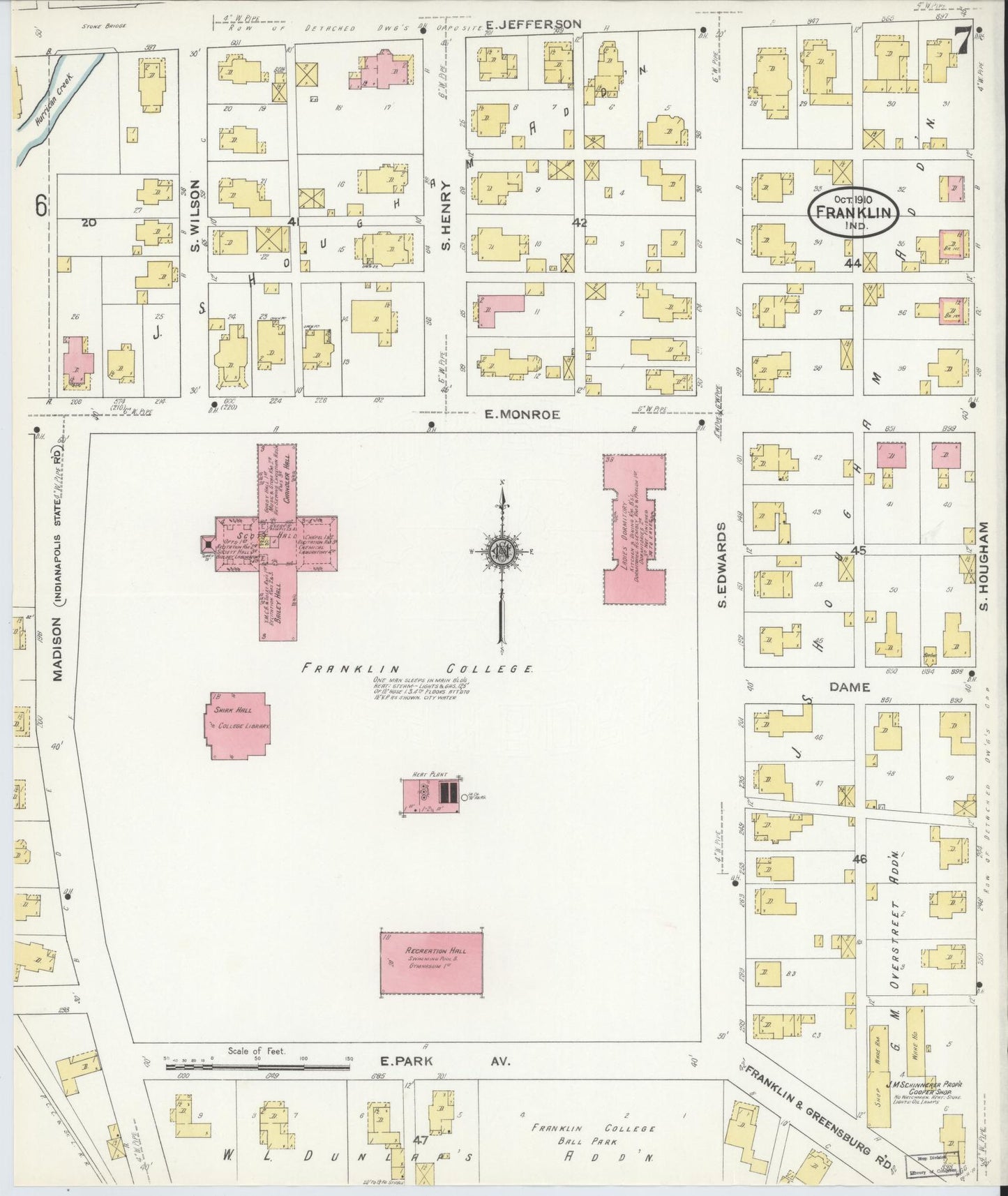 Sanborn Fire Insurance Map from Franklin, Johnson County, Indiana (1910), Sheet #0007 - Historic Sanborn Fire Insurance Map Print, vintage old map wall art, antique decor, genealogy gift, Indiana Indiana map