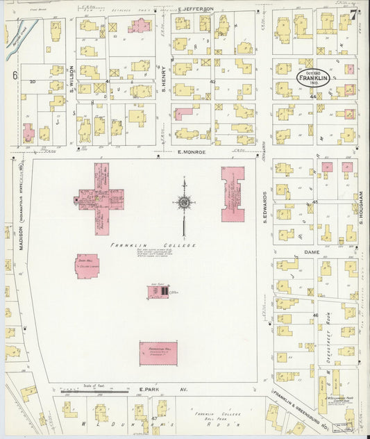 Sanborn Fire Insurance Map from Franklin, Johnson County, Indiana (1910), Sheet #0007 - Historic Sanborn Fire Insurance Map Print, vintage old map wall art, antique decor, genealogy gift, Indiana Indiana map