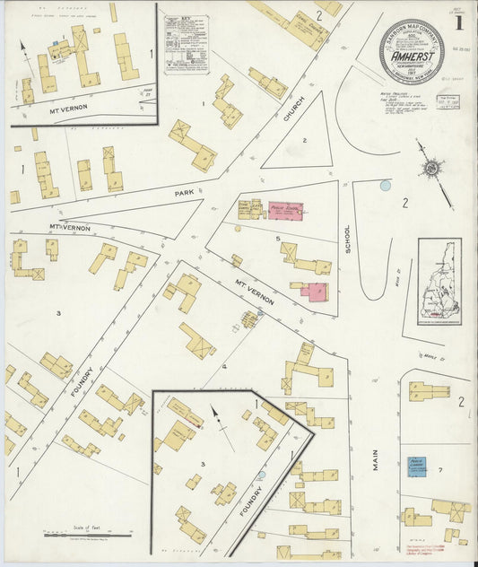 Sanborn Fire Insurance Map from Amherst, Hillsborough County, New Hampshire (1917), Sheet #0001 - Historic Sanborn Fire Insurance Map Print, vintage old map wall art, antique decor, genealogy gift, New Hampshire New Hampshire map