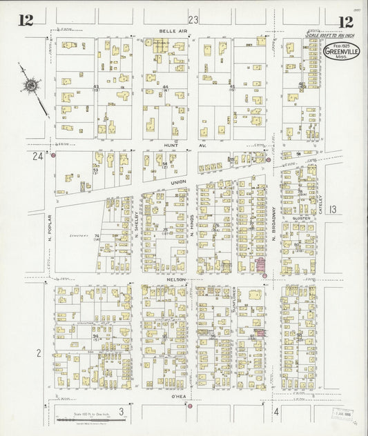 Sanborn Fire Insurance Map from Greenville, Washington County, Mississippi (1925), Sheet #0012 - Historic Sanborn Fire Insurance Map Print, vintage old map wall art, antique decor, genealogy gift, Mississippi Mississippi map