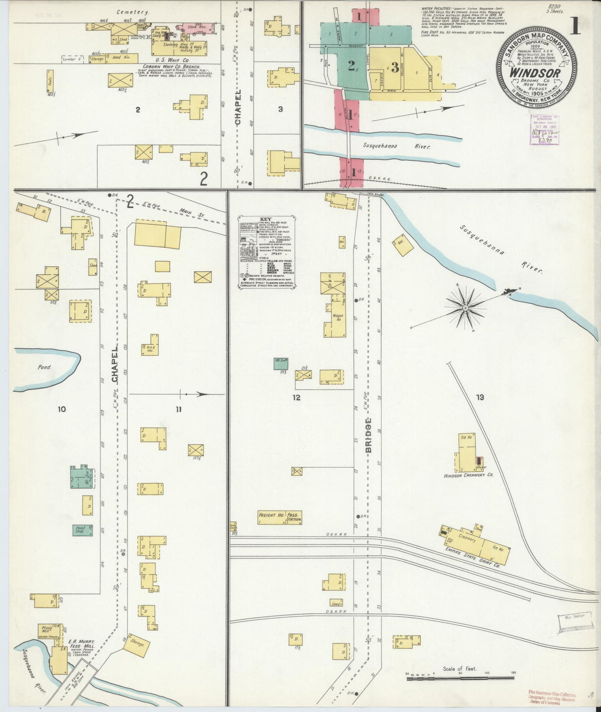 Sanborn Fire Insurance Map from Windsor, Broome County, New York (1905), Sheet #0001 - Historic Sanborn Fire Insurance Map Print, vintage old map wall art, antique decor, genealogy gift, New York New York map