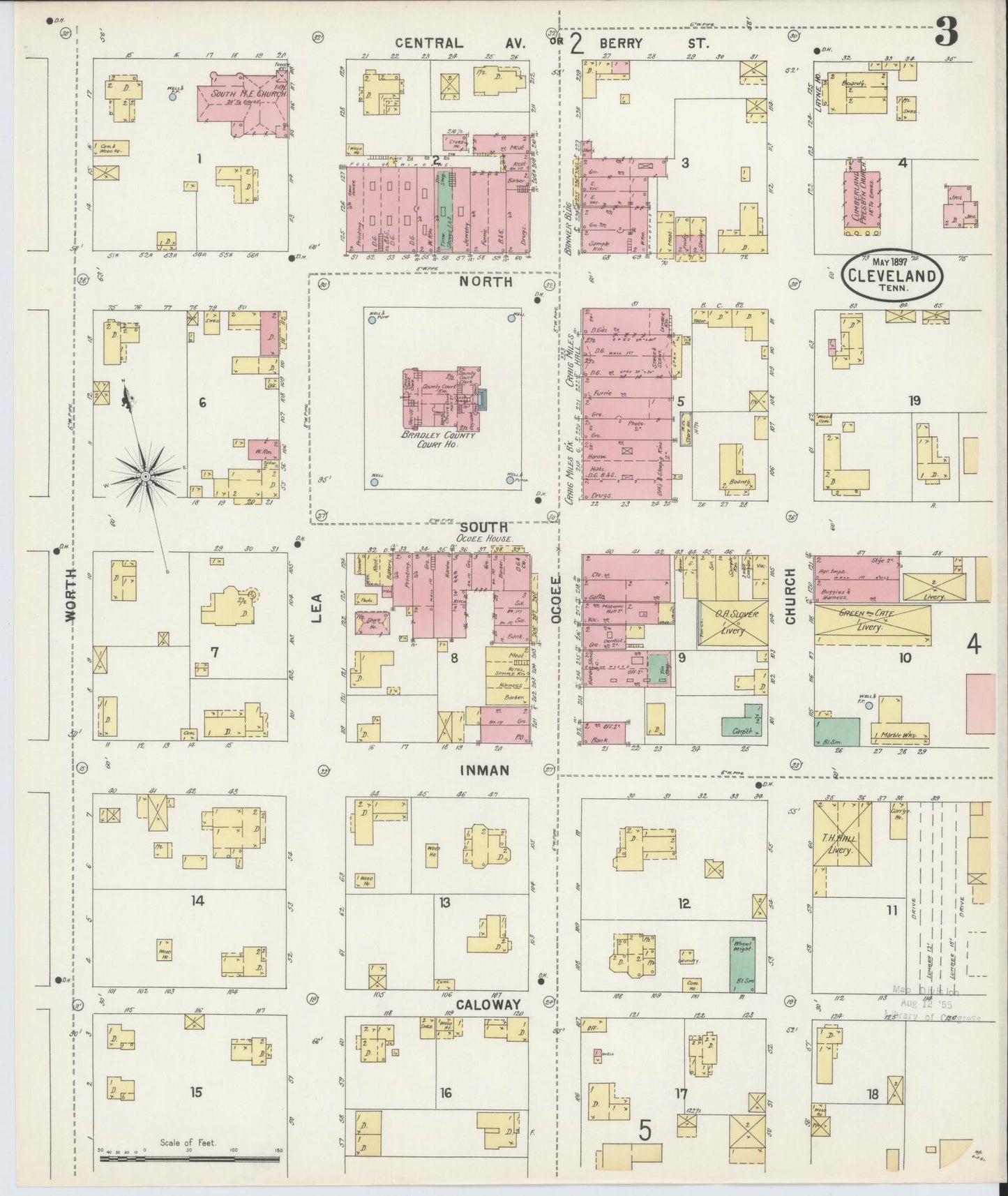 Sanborn Fire Insurance Map from Cleveland, Bradley County, Tennessee (1897), Sheet #0003 - Complete Map Set gallery image, historic Sanborn map, vintage wall art, Tennessee Tennessee