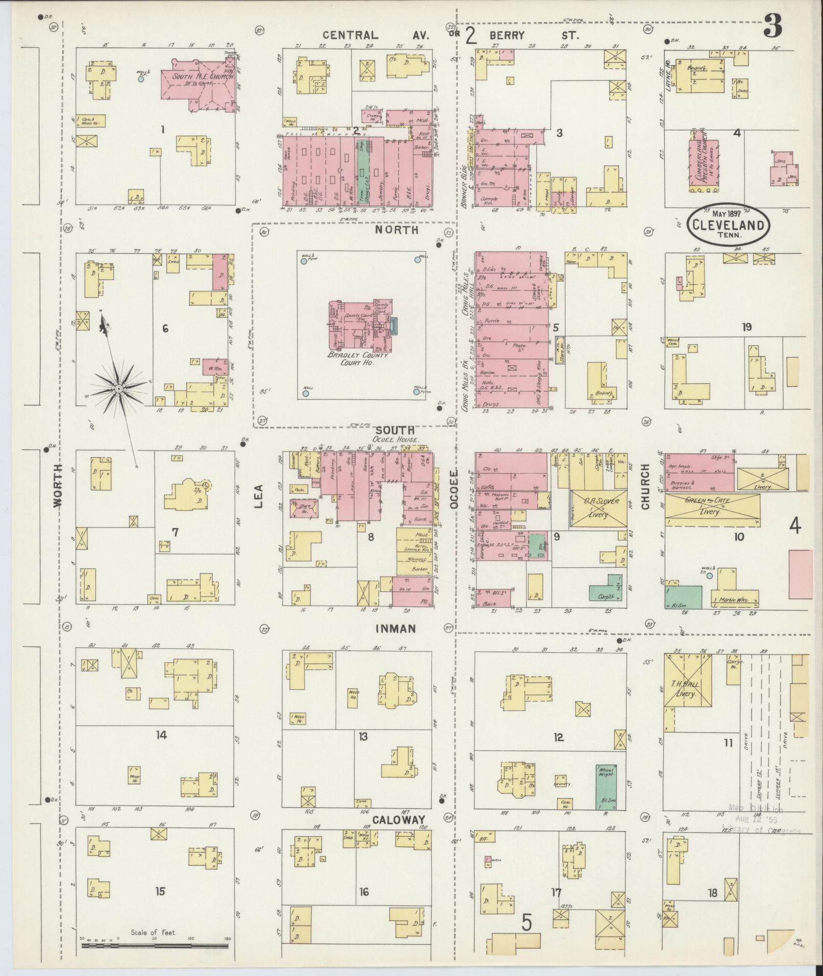 Sanborn Fire Insurance Map from Cleveland, Bradley County, Tennessee (1897), Sheet #0003 - Complete Map Set gallery image, historic Sanborn map, vintage wall art, Tennessee Tennessee