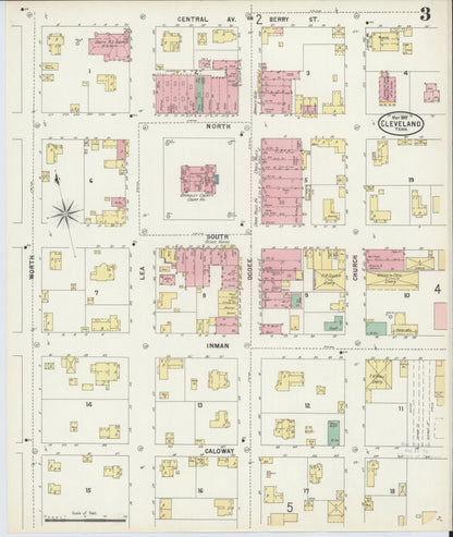 Sanborn Fire Insurance Map from Cleveland, Bradley County, Tennessee (1897), Sheet #0003 - Complete Map Set gallery image, historic Sanborn map, vintage wall art, Tennessee Tennessee