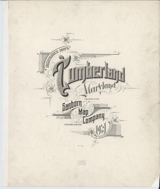 Sanborn Fire Insurance Map from Cumberland, Allegany County, Maryland (1921), Sheet #0001 - Historic Sanborn Fire Insurance Map Print, vintage old map wall art, antique decor, genealogy gift, Maryland Maryland map