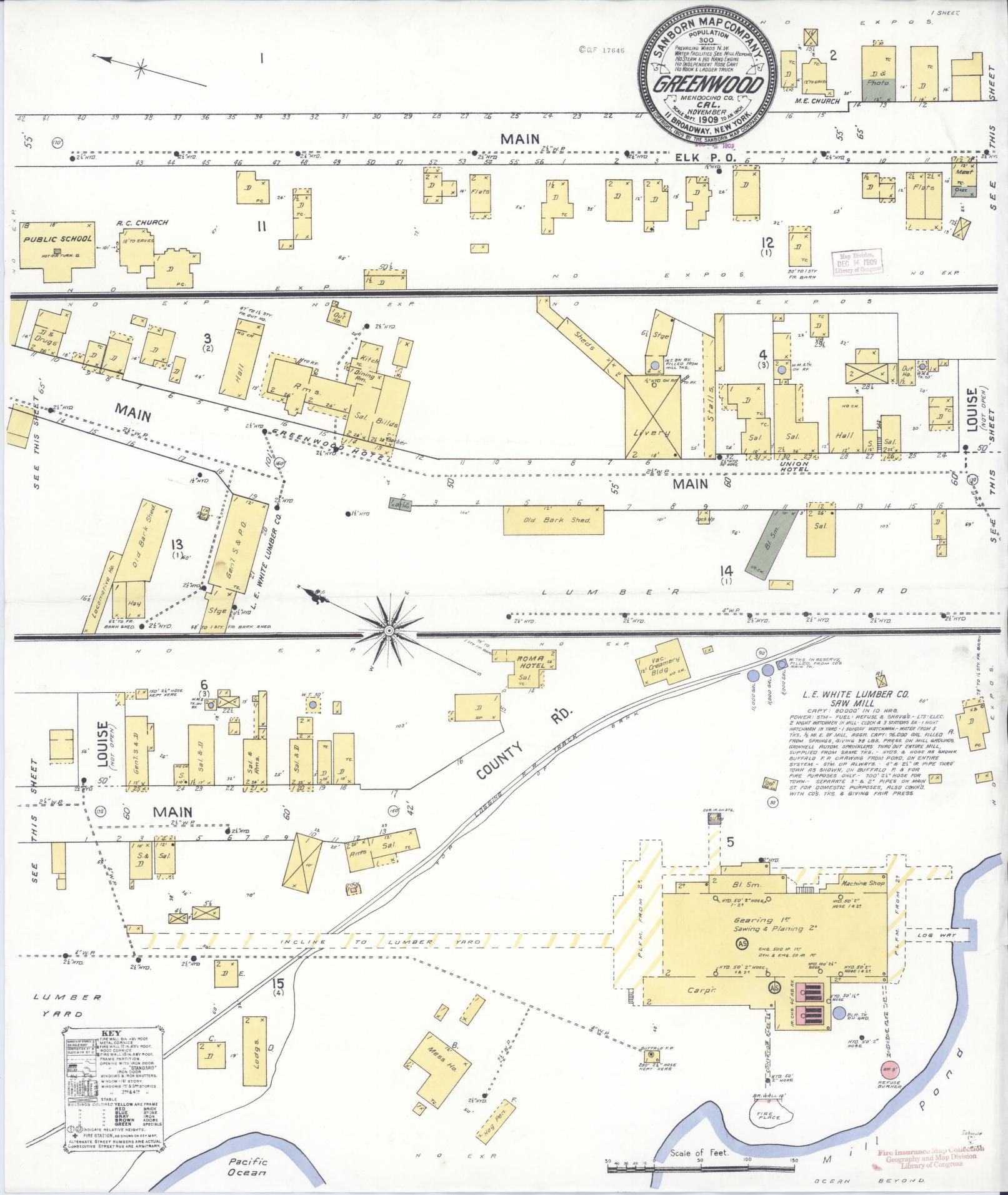 Sanborn Fire Insurance Map from Greenwood, Mendocino County, California (1909), Sheet #0001 - Historic Sanborn Fire Insurance Map Print, vintage old map wall art, antique decor, genealogy gift, California California map