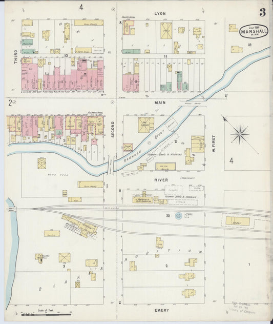 Sanborn Fire Insurance Map from Marshall, Lyon County, Minnesota (1896), Sheet #0003 - Historic Sanborn Fire Insurance Map Print, vintage old map wall art, antique decor, genealogy gift, Minnesota Minnesota map