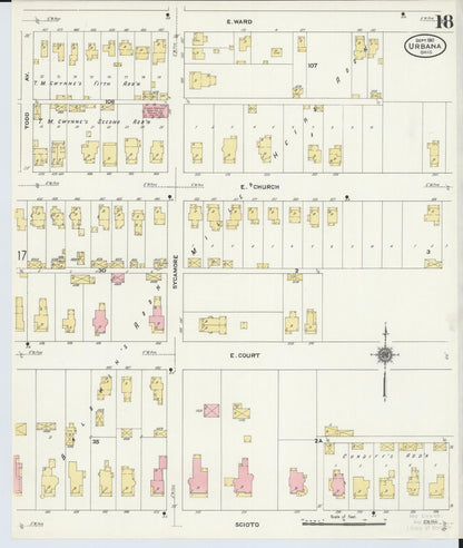 Sanborn Fire Insurance Map from Urbana, Champaign County, Ohio (1910), Sheet #0018 - Historic Sanborn Fire Insurance Map Print, vintage old map wall art, antique decor, genealogy gift, Ohio Ohio map