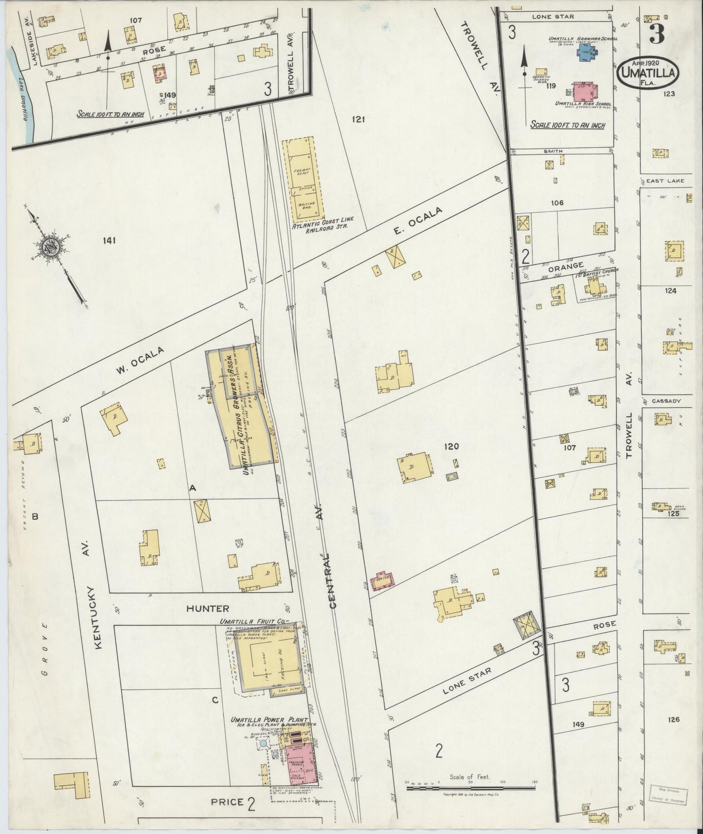 Sanborn Fire Insurance Map from Umatilla, Lake County, Florida (1920), Sheet #0003 - Historic Sanborn Fire Insurance Map Print, vintage old map wall art, antique decor, genealogy gift, Florida Florida map