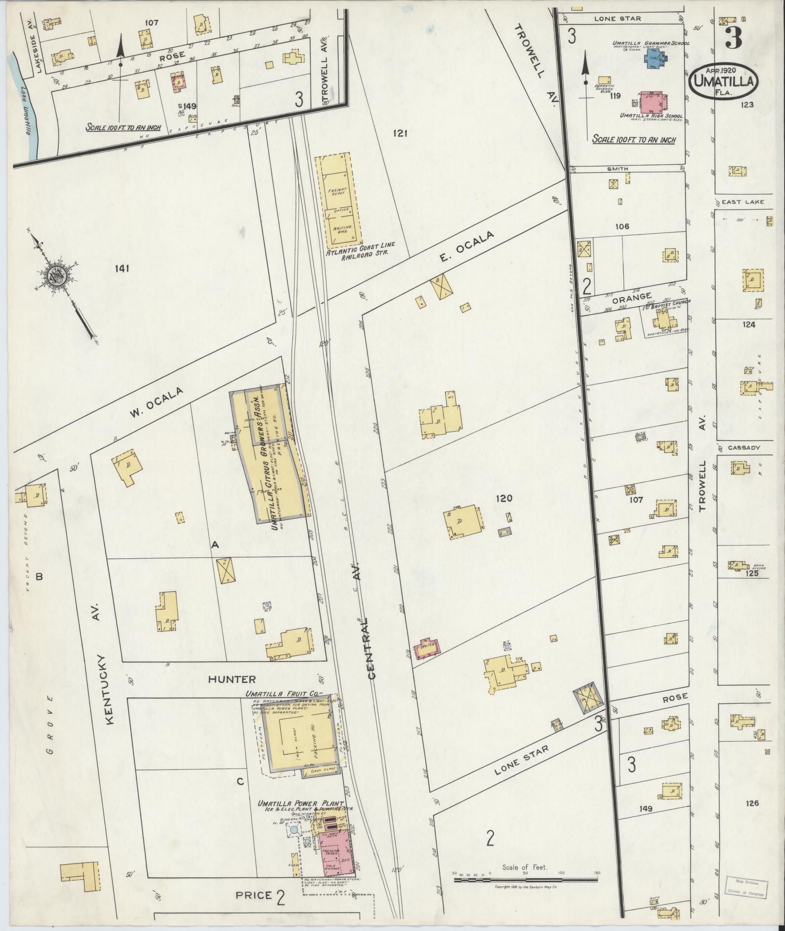 Sanborn Fire Insurance Map from Umatilla, Lake County, Florida (1920), Sheet #0003 - Historic Sanborn Fire Insurance Map Print, vintage old map wall art, antique decor, genealogy gift, Florida Florida map