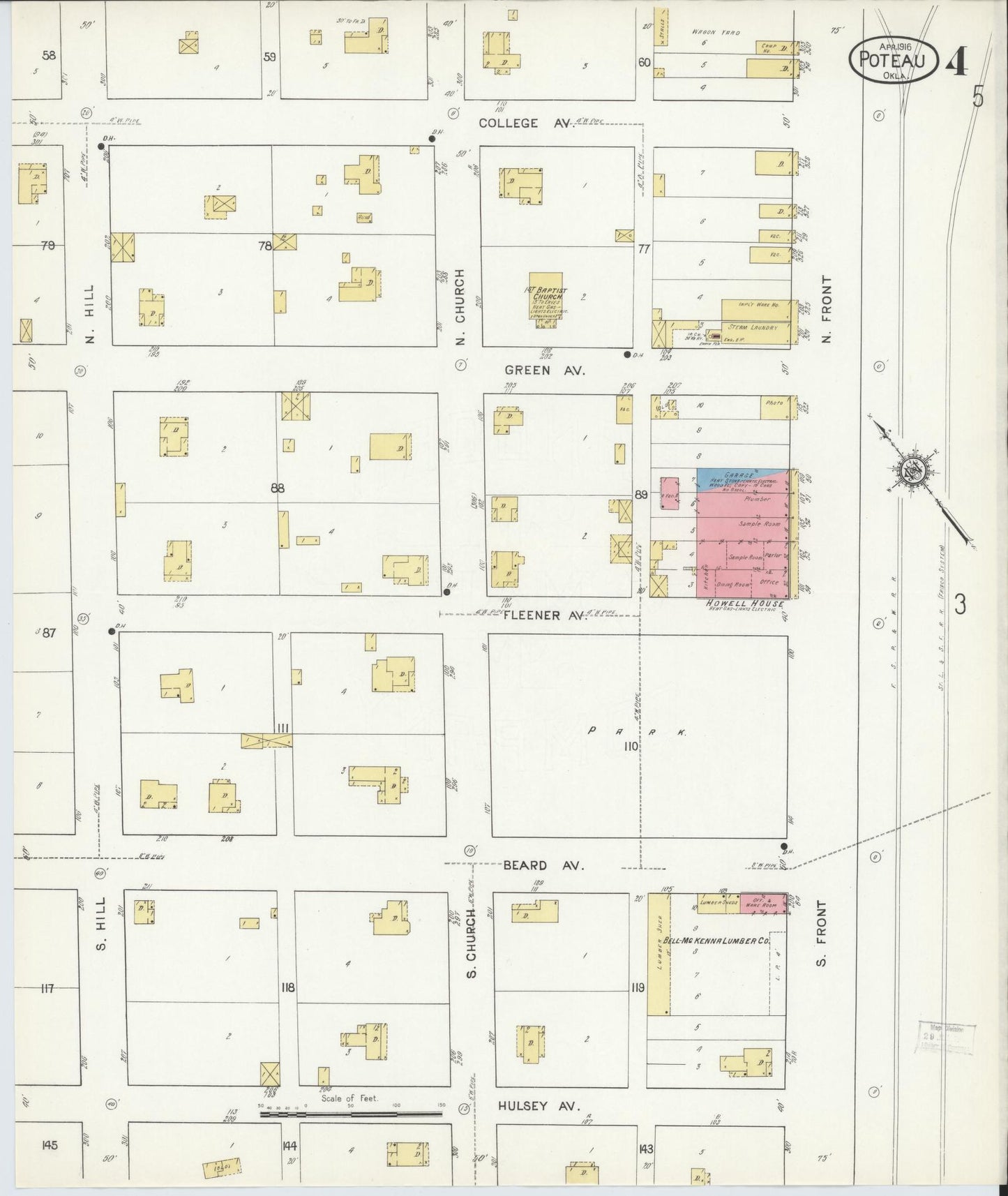 Sanborn Fire Insurance Map from Poteau, Le Flore County, Oklahoma (1916), Sheet #0004 - Historic Sanborn Fire Insurance Map Print, vintage old map wall art, antique decor, genealogy gift, Oklahoma Oklahoma map