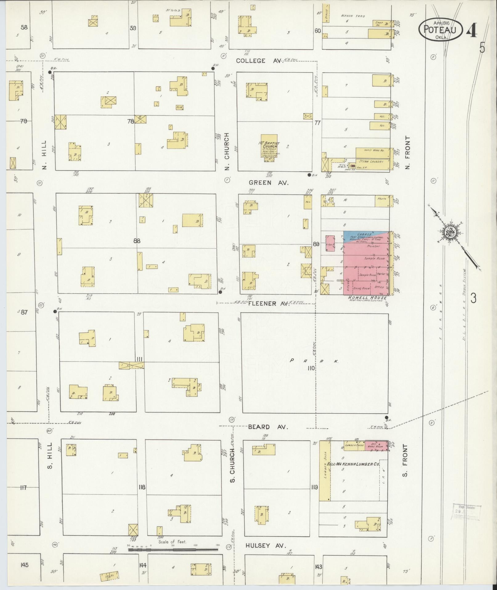 Sanborn Fire Insurance Map from Poteau, Le Flore County, Oklahoma (1916), Sheet #0004 - Historic Sanborn Fire Insurance Map Print, vintage old map wall art, antique decor, genealogy gift, Oklahoma Oklahoma map