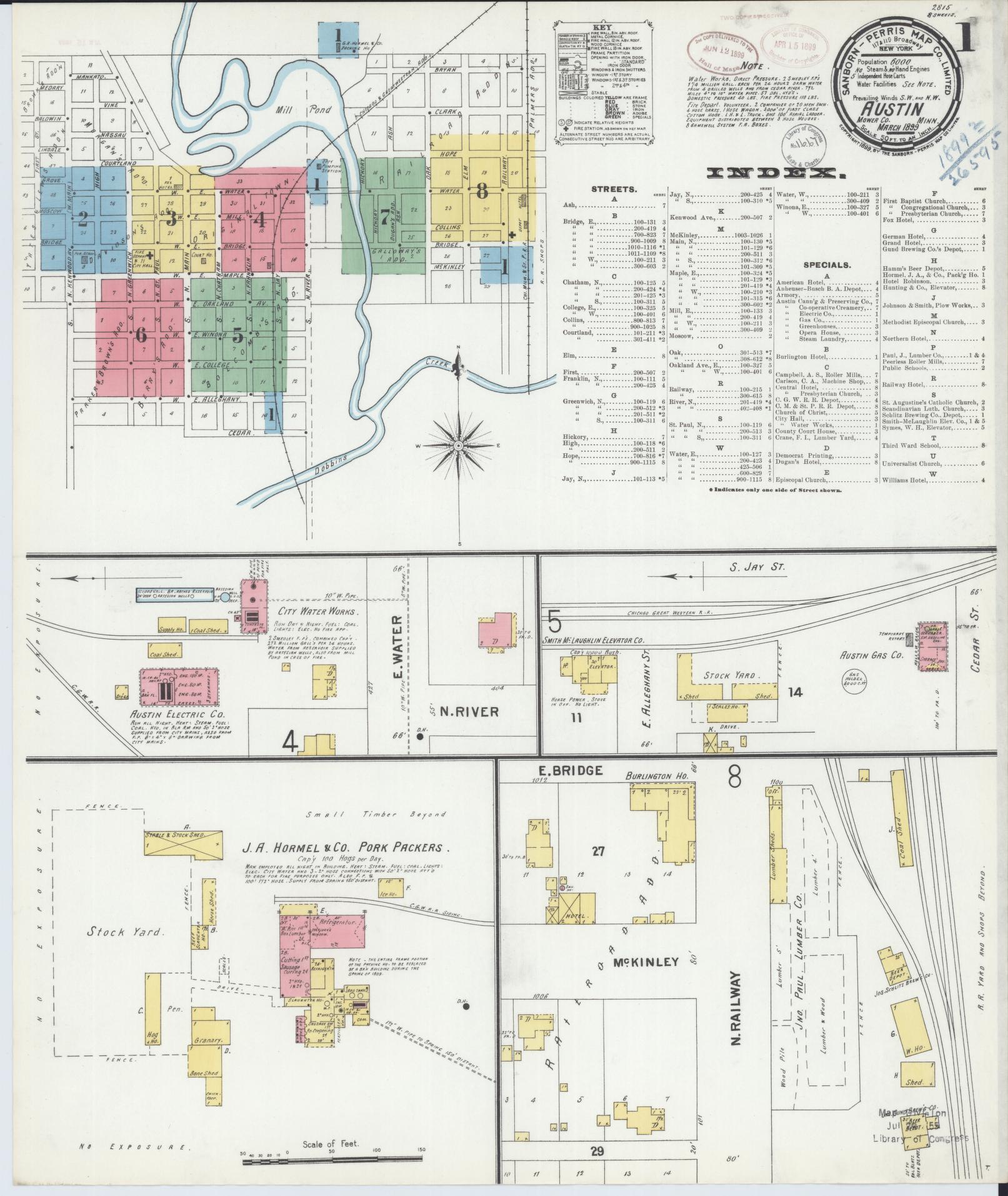 Sanborn Fire Insurance Map from Austin, Mower County, Minnesota (1899), Sheet #0001 - Historic Sanborn Fire Insurance Map Print, vintage old map wall art, antique decor, genealogy gift, Minnesota Minnesota map