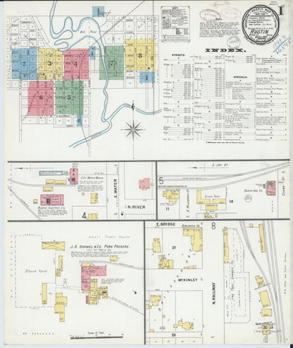 Sanborn Fire Insurance Map from Austin, Mower County, Minnesota (1899), Sheet #0001 - Historic Sanborn Fire Insurance Map Print, vintage old map wall art, antique decor, genealogy gift, Minnesota Minnesota map