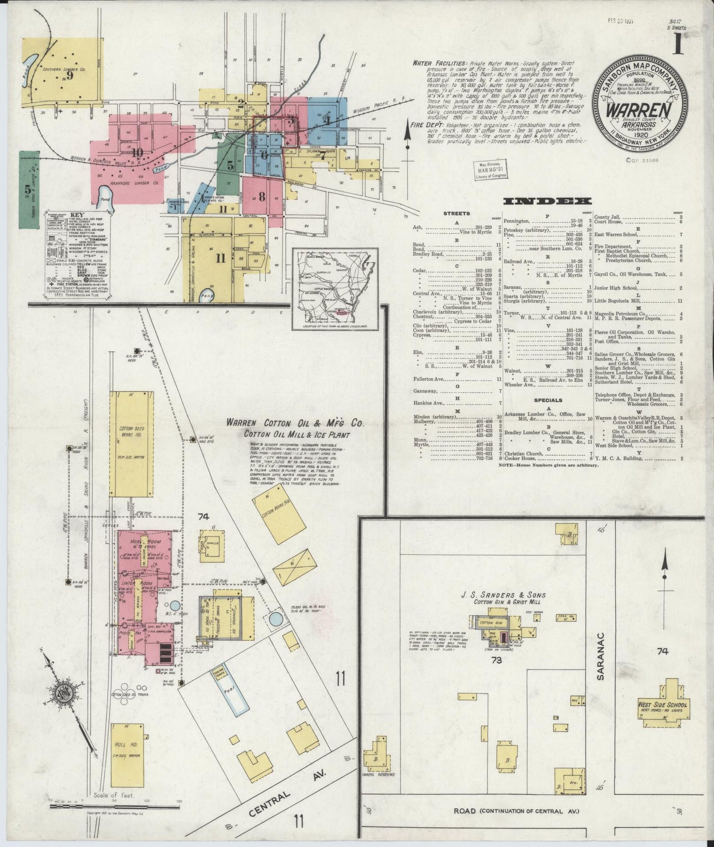 Sanborn Fire Insurance Map from Warren, Bradley County, Arkansas (1920), Sheet #0001 - Historic Sanborn Fire Insurance Map Print, vintage old map wall art, antique decor, genealogy gift, Arkansas Arkansas map