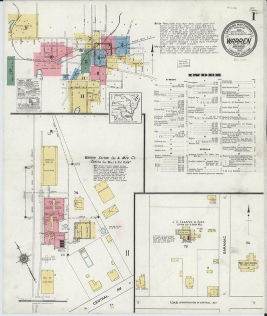 Sanborn Fire Insurance Map from Warren, Bradley County, Arkansas (1920), Sheet #0001 - Historic Sanborn Fire Insurance Map Print, vintage old map wall art, antique decor, genealogy gift, Arkansas Arkansas map