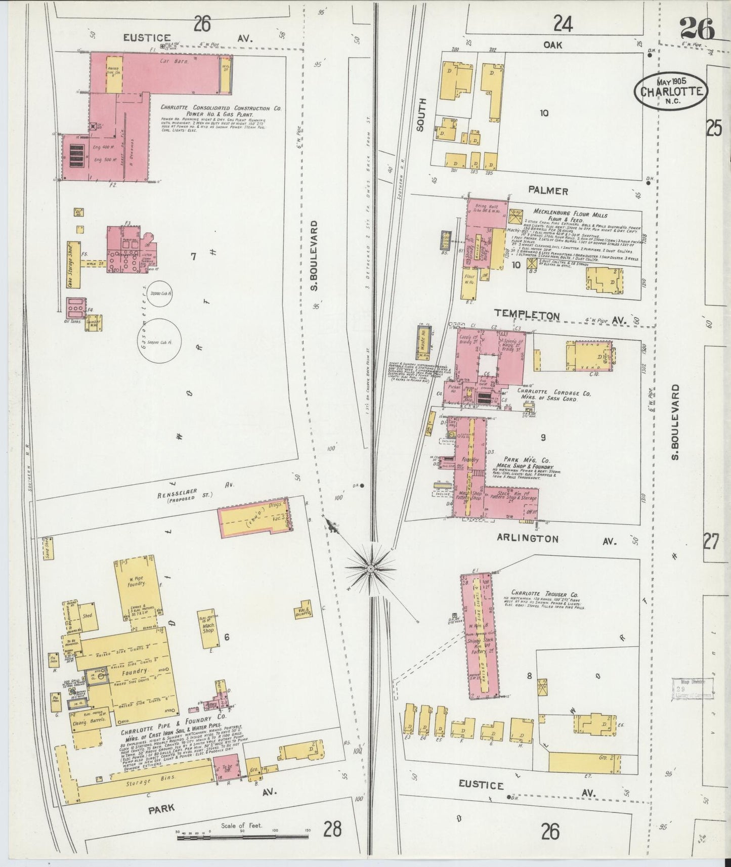 Sanborn Fire Insurance Map from Charlotte, Mecklenburg County, North Carolina (1905), Sheet #0026 - Complete Map Set gallery image, historic Sanborn map, vintage wall art, North Carolina North Carolina