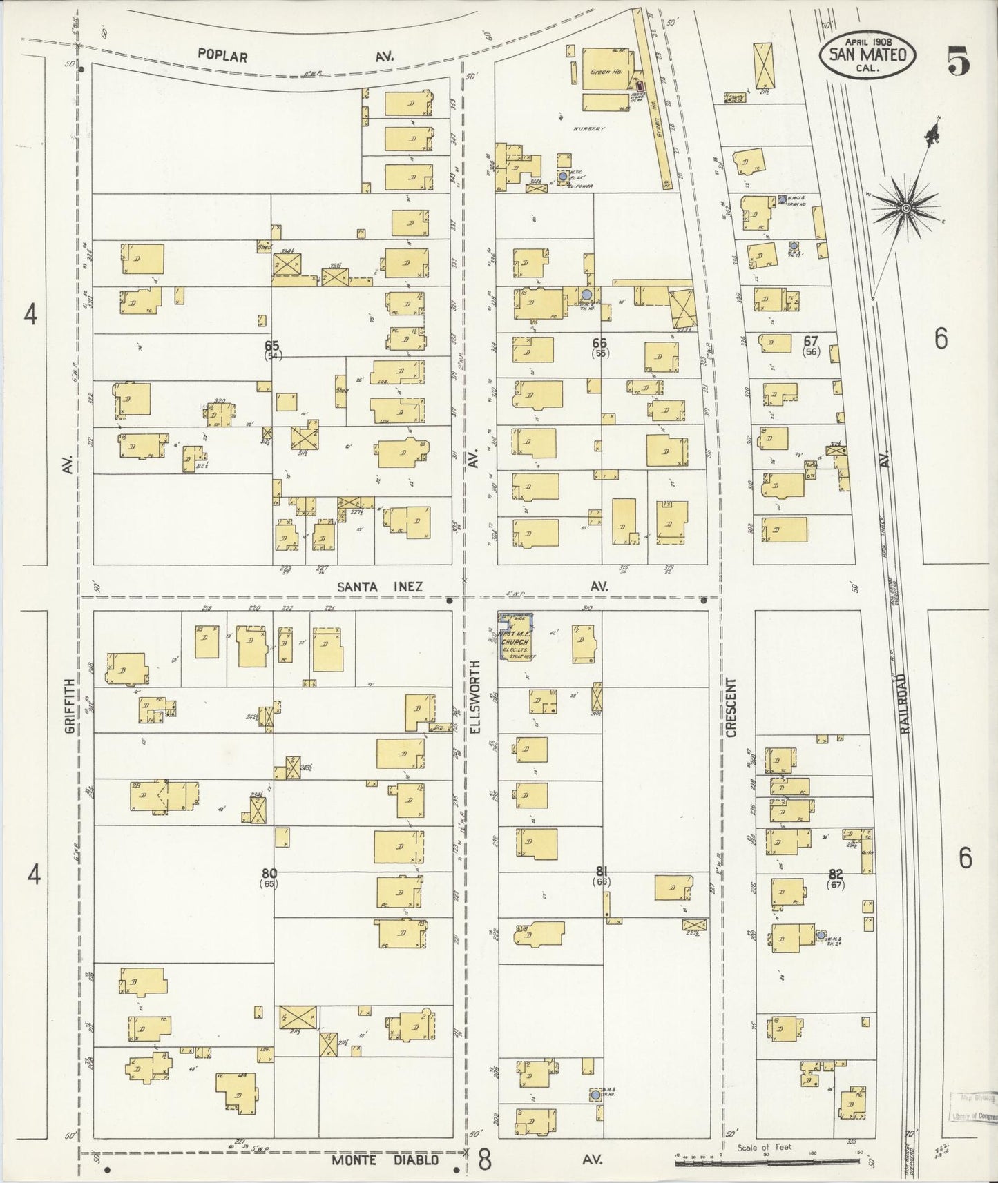 Sanborn Fire Insurance Map from San Mateo, San Mateo County, California (1908), Sheet #0005 - Complete Map Set gallery image, historic Sanborn map, vintage wall art, California California