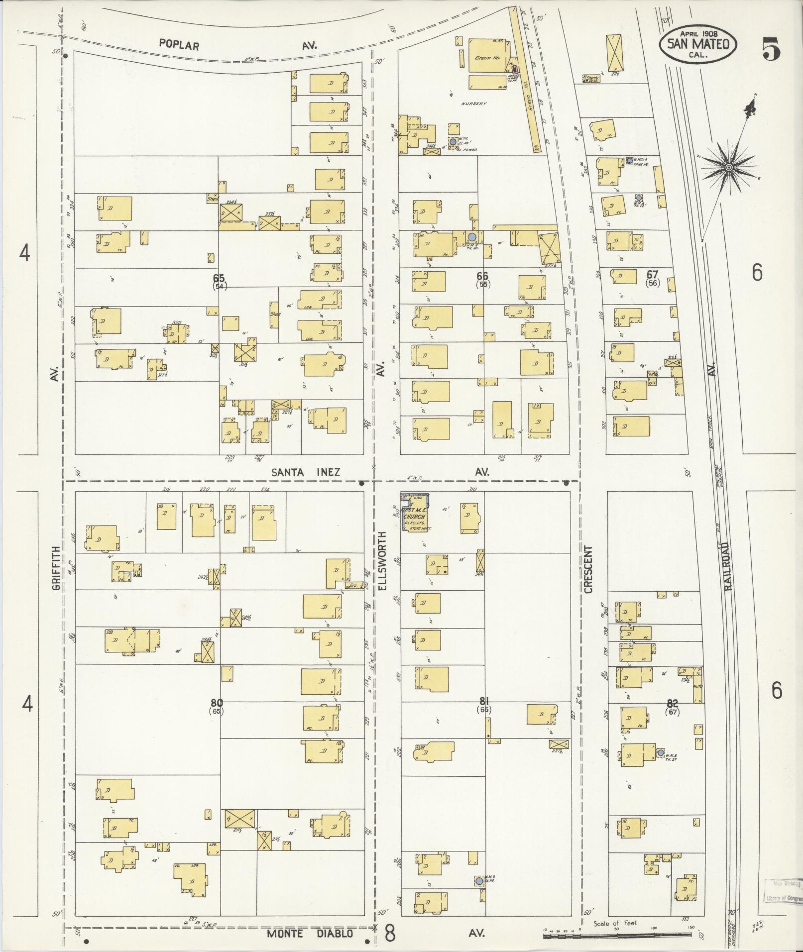 Sanborn Fire Insurance Map from San Mateo, San Mateo County, California (1908), Sheet #0005 - Complete Map Set gallery image, historic Sanborn map, vintage wall art, California California